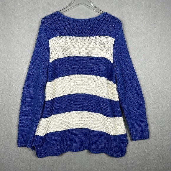 Chico's Sweater Top Size 3/XL Blue Striped Metallic Gold Open Knit Pullover - Picture 13 of 13